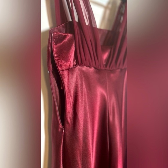 NWT Aspeed Burgundy Long Satin Dress with Chiffon Strap Overlay & Rhinestones, M - Picture 7 of 12